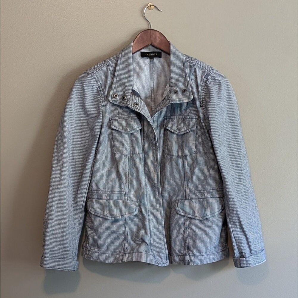 Talbots Womens Size 4 Small Denim Jacket Blue White Pinstripe Full Zip Jean LS
